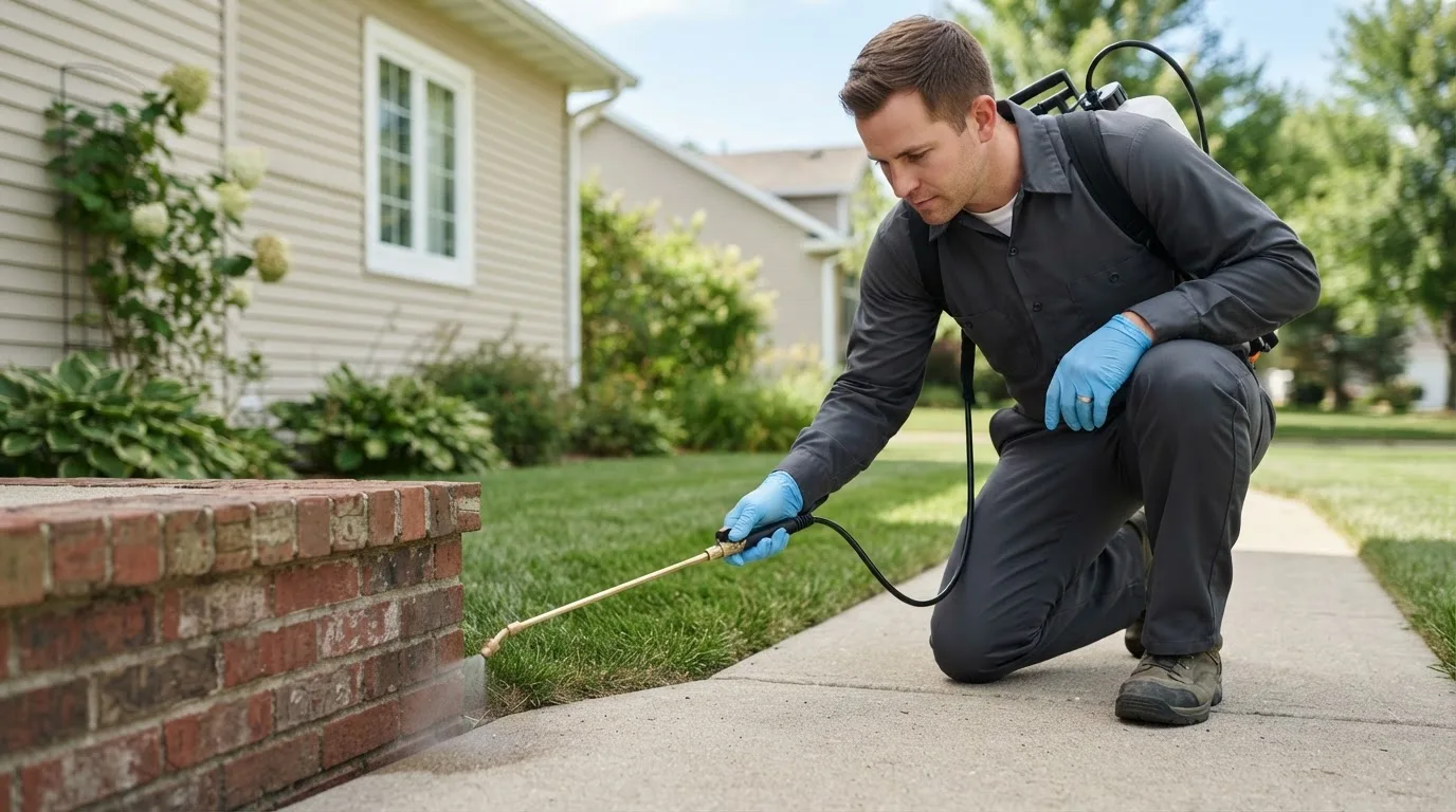 Pest control technician treating a home near West York, IL