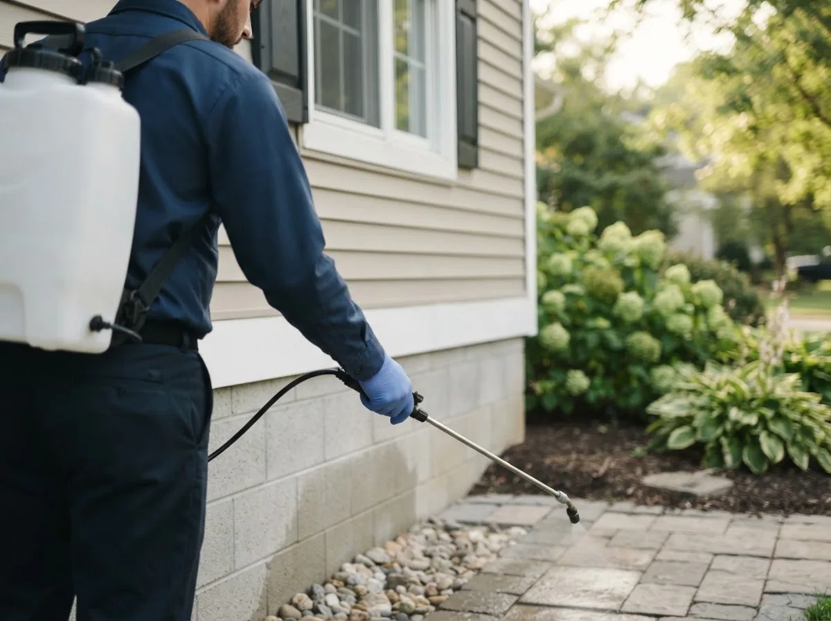 Pest control technician inspecting a home in West York, IL